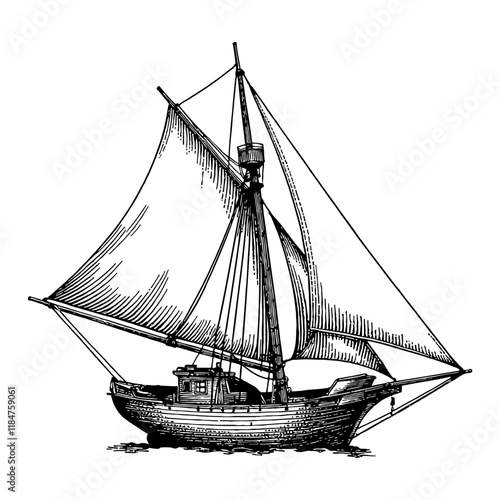 Sail Boat Detailed View Vintage Black and White Outline Line Art Drawing of Sea Vessel