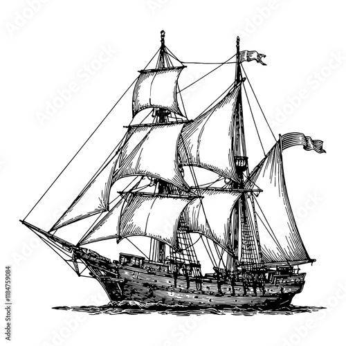 Sail Ship Detailed Black and White Outline Line Art Drawing of Antique Vessel with Flags