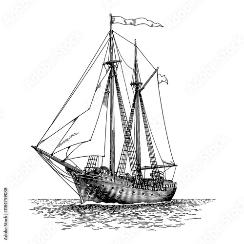 Sailing Ship with Masts and Sails Detailed Black and White Outline Line Art Drawing