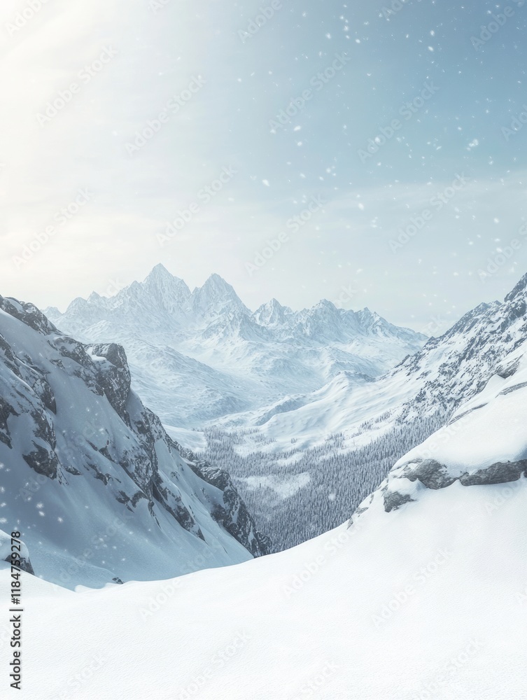 Fototapeta premium Snow covered mountains and valley winter landscape