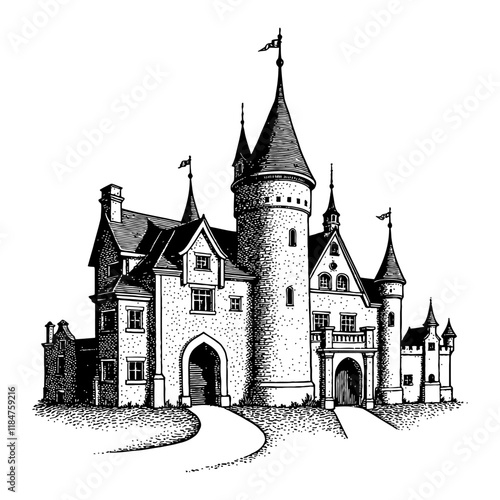 Detailed Castle with Tower and Gate Black and White Outline Line Art Drawing