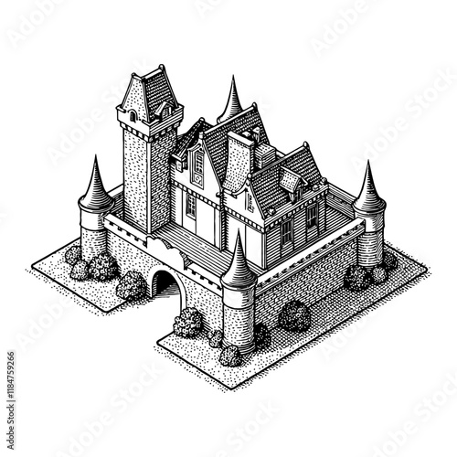 Isometric Medieval Simple Castle with Tower in Black and White Outline Line Art Drawing