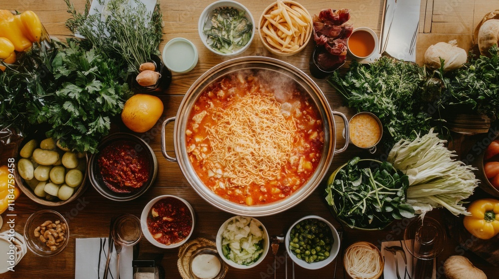 A top-down view of a cozy dining setup featuring a bubbling Korean ramyeon hotpot surrounded by fresh ingredients, dipping sauces, and chopsticks for a warm atmosphere. A top-down view of a cozy dining setup featuring a bubbling Korean ramyeon hotpot surrounded by fresh ingredients, dipping sauces, and chopsticks for a warm atmosphere.