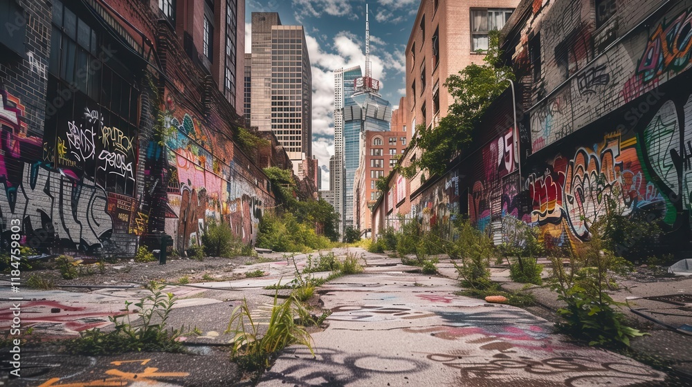 Fototapeta premium Urban decay with vibrant graffiti and overgrown plants, showcasing a blend of nature and city life.