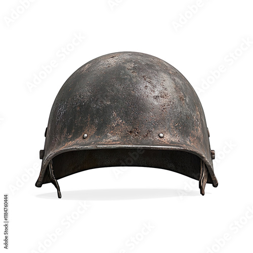 Rusted Vintage Military Helmet with Chin Strap on a Transparent Background