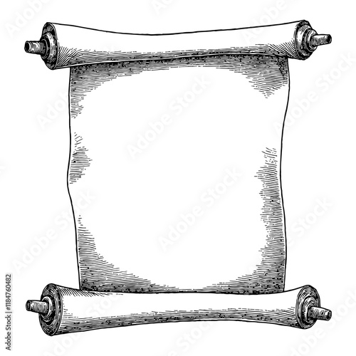 Old Scroll with Detailed Texture in Black and White Outline Line Art Drawing Isolated