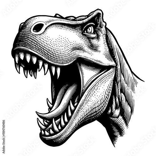 Angry Scary Tyrannosaurus Rex Head Portrait in Detailed Black and White Outline Line Art Drawing