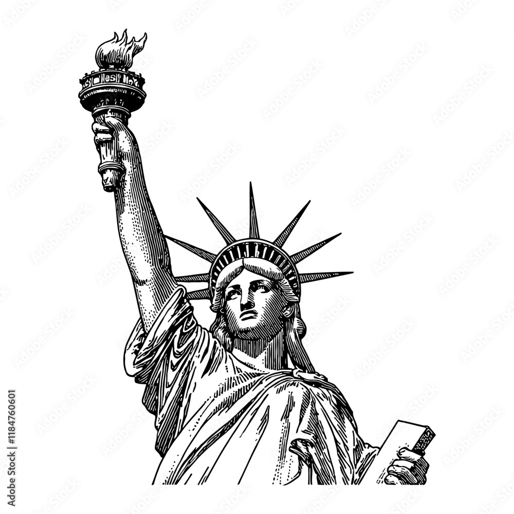 Obraz premium Statue of Liberty Detailed Black and White Outline Line Art Drawing of Famous Landmark Sculpture