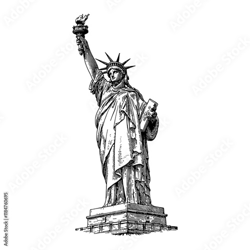 Statue of Liberty Detailed Black and White Outline Line Art Drawing with Torch and Tablet