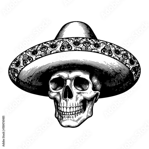 Skull Head Wearing Sombrero Mexican Hat Black and White Outline Line Art Drawing Detailed