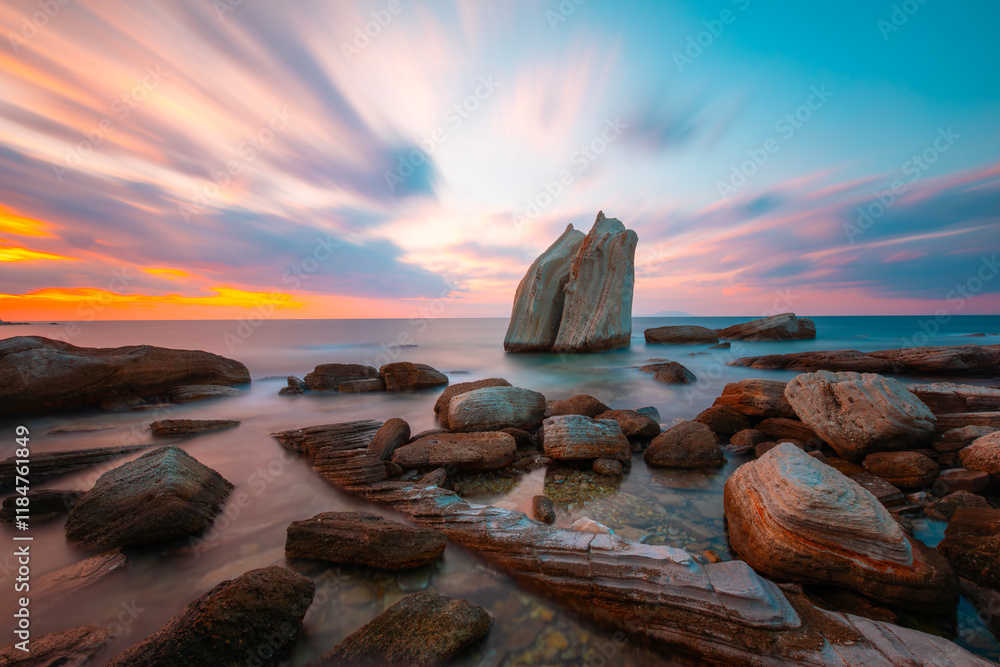 Long exposure photograph in the field of sail rocks in Foca district of Izmir province.