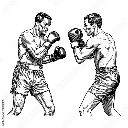 Two Boxers Boxing with Gloves in Detailed Black and White Outline Line Art Drawing