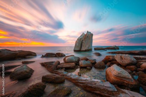 Long exposure photograph in the field of sail rocks in Foca district of Izmir province.