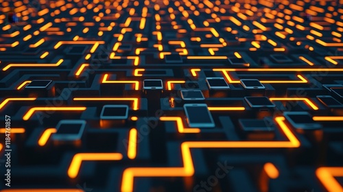 Wallpaper Mural A close-up view of a dark surface with glowing orange lines, creating a maze-like pattern reminiscent of digital circuits or abstract art. Torontodigital.ca