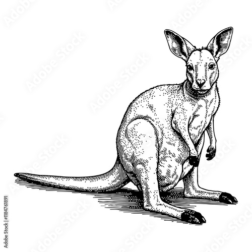 Baby Kangaroo Standing Still in Detailed Black and White Outline Line Art Drawing