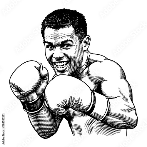 Smiling Boxer With Boxing Gloves Sport Black and White Outline Line Art Drawing Portrait