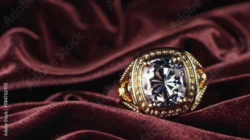 A luxurious golden ring with an intricate design resting on burgundy velvet fabric photo