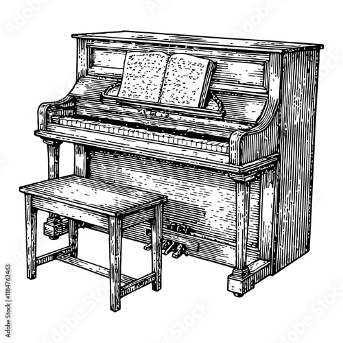 Classic Piano with Bench and Opened Sheet Music Black and White Outline Line Art Drawing