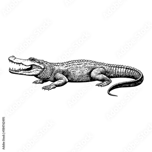 Crocodile Side View Detailed Black and White Outline Line Art Drawing Illustration with Open Mouth