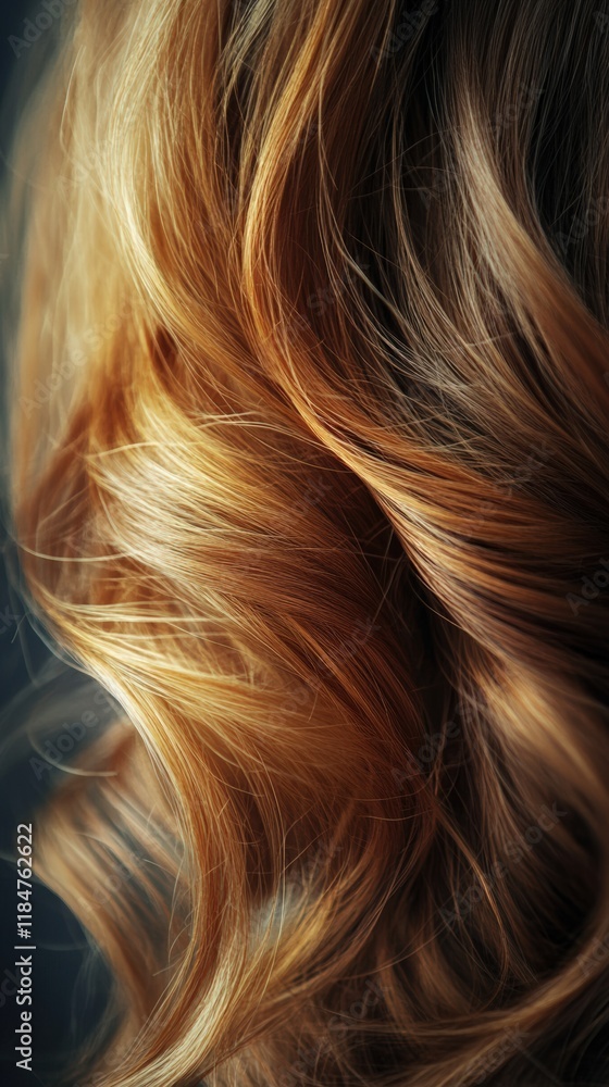 Naklejka premium A side view of wavy red hair with rich tones and soft curls in natural lighting