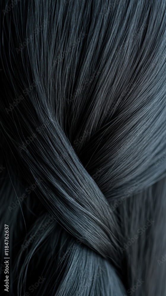 Naklejka premium A close-up of sleek black braided hair with intricate texture and a smooth, glossy finish in soft lighting