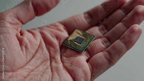 Microchip held delicately in the palm of a hand in a soft-lit environment photo