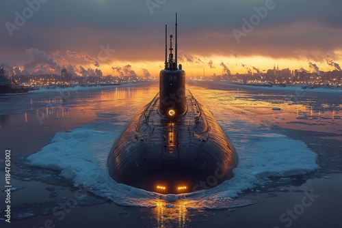 majestic nuclearpowered submarine breaking through arctic ice sheet with sonar arrays and communication masts visible military naval technology photo