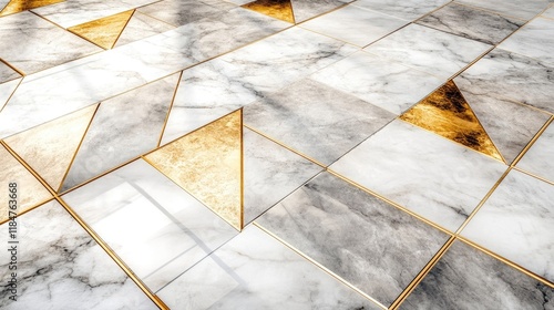 A geometric pattern floor design in light marble and gold accents, creating a sophisticated look with a subtle sheen photo