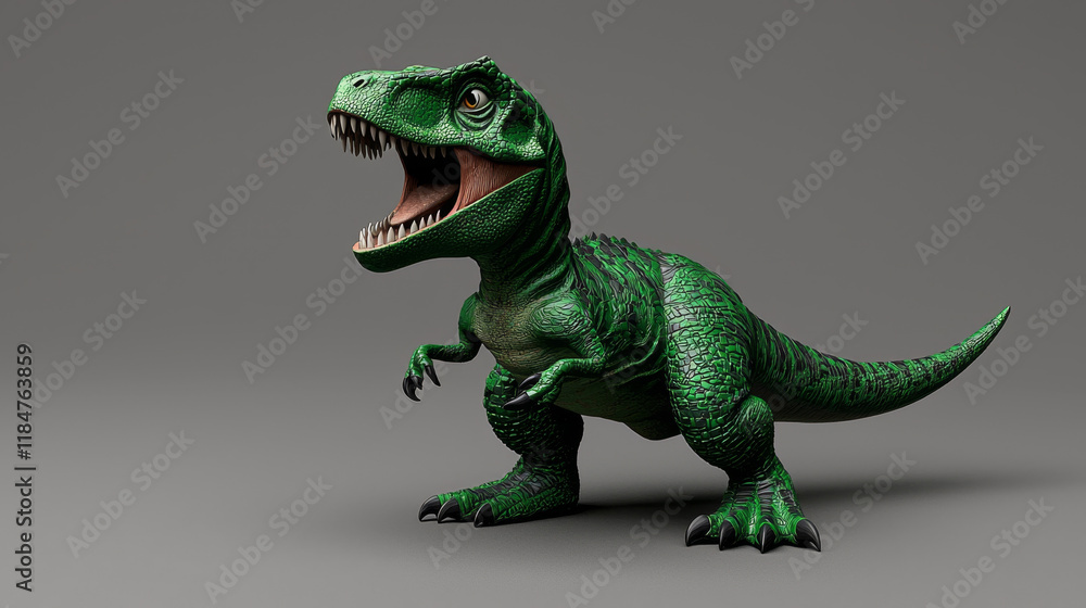 Fototapeta premium Green Tyrannosaurus Rex model, roaring, detailed textured skin.