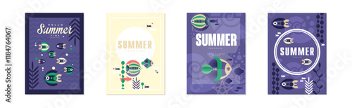 Summer Ocean and Underwater Banner with Fish Swimming in Sea Vector Set