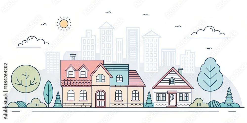 Fototapeta premium vintage retro cute house illustration with city scape background