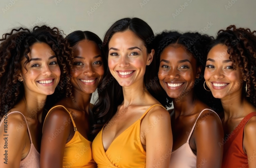 Close-up. Portrait of five smiling women with different skin colors on a plain background. Women's Day. Close-up. Portrait of five smiling women with different skin colors on a plain background. Women's Day.