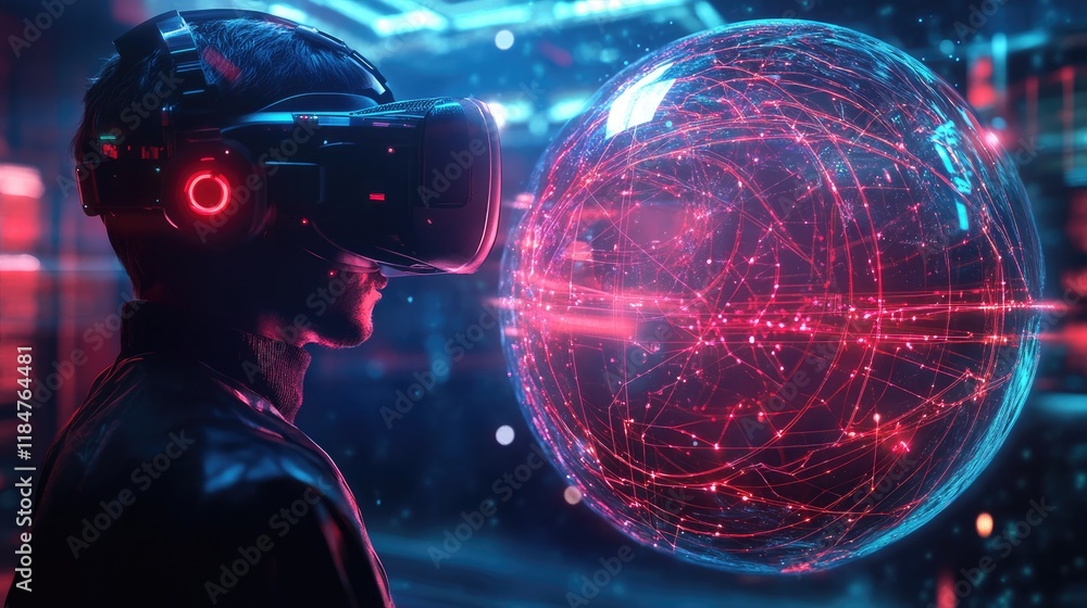 Virtual reality globe with network lines, futuristic tech Virtual reality globe with network lines, futuristic tech
