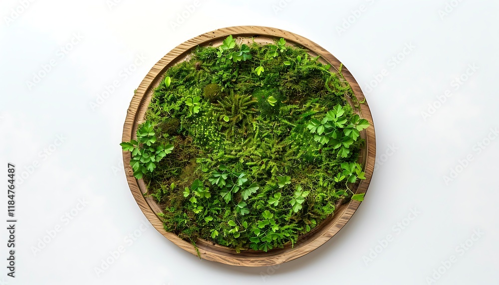 Green moss in a wooden bowl on a white background, top view Green moss in a wooden bowl on a white background, top view