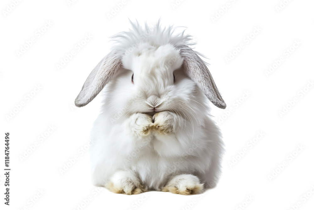 Fluffy white rabbit sitting calmly with a cute expression and distinctive fur. Isolated on transparent white background, png Fluffy white rabbit sitting calmly with a cute expression and distinctive fur. Isolated on transparent white background, png