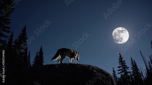 Wolf standing on a rock silhouetted against a full moon in the night sky photo