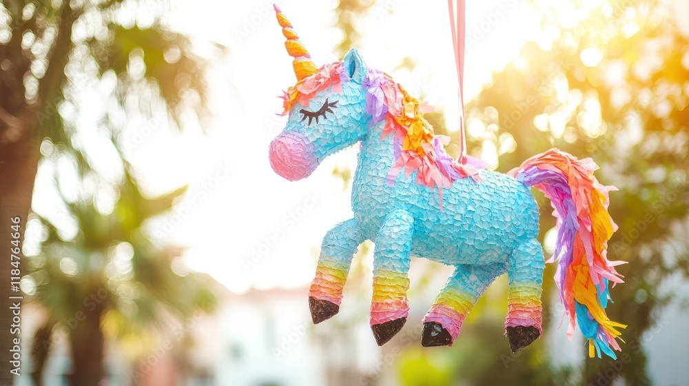 A colorful birthday-themed pi?+/-ata shaped like a unicorn hanging in a bright outdoor space A colorful birthday-themed pi?+/-ata shaped like a unicorn hanging in a bright outdoor space