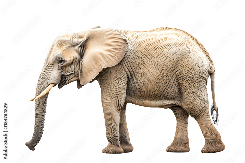 Obraz premium Majestic gray elephant walking gracefully in profile, showcasing its impressive trunk and textured skin. Isolated on transparent white background, png