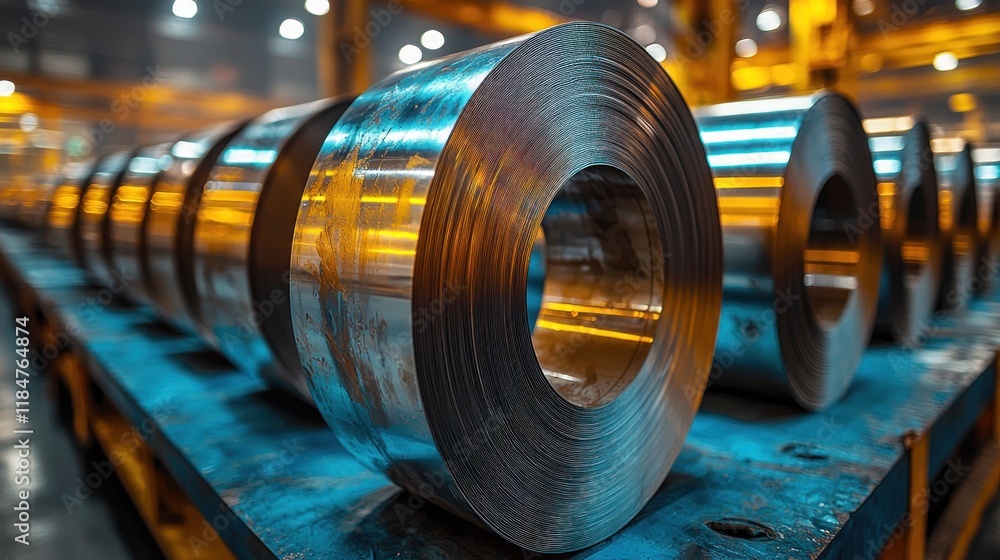 Obraz premium Industrial Steel Coils in a Brightly Lit Manufacturing Facility Showcasing Production Processes