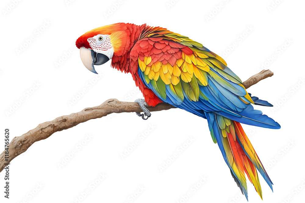 Fototapeta premium A vibrant parrot perched on a branch, showcasing stunning multicolored feathers. Isolated on transparent white background, png