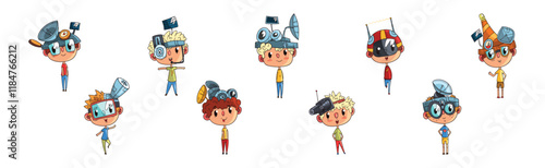 Funny Boy Character in Steampunk Headgear Vector Set