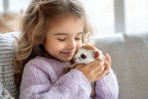 Little Girl Smiling While Holding Ferret. Ferret is Calm and Cute in Childs Hands, Highlighting Tender Connection. Soft Natural Light and Cozy Background Add Warmth to Indoor Scene. AI generated photo