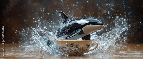 Orca leaping from teacup, splashing water. photo