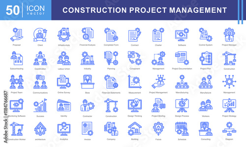 Project Construction Management icon collection set. Containing subcontractor, design, success, boss, financial analysis, image industry, architecture icon. Simple vectors illustration.
