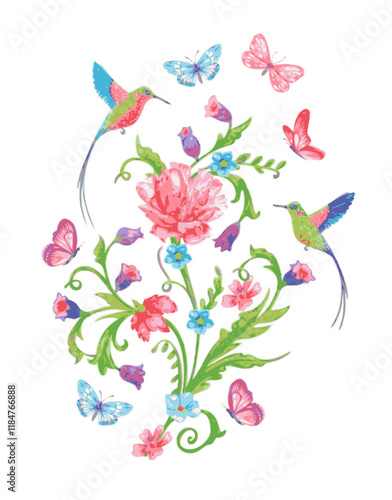 watercolor fancy floral branch with flowers, butterflies and humming birds. vector hand drawn decorative element