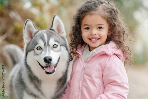 Joyful Girl Smiling Next to Siberian Husky Outdoors. Husky Looks Calm and Friendly, Creating Warm Bond with Child. Natural Background Enhances Cheerful Outdoor Moment. AI generated photo