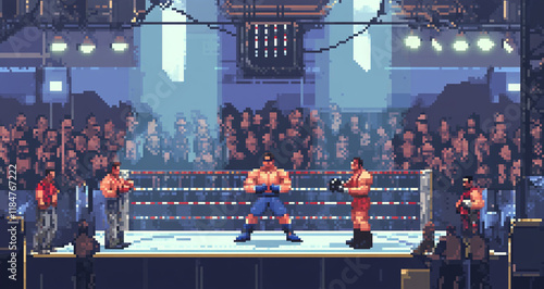 A pixelated arcade fighting game background with a vibrant crowd and dynamic lighting, part of retro game assets. photo