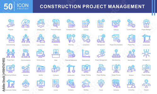 Project Construction Management icon collection set. Containing subcontractor, design, success, boss, financial analysis, image industry, architecture icon. Simple vectors illustration.