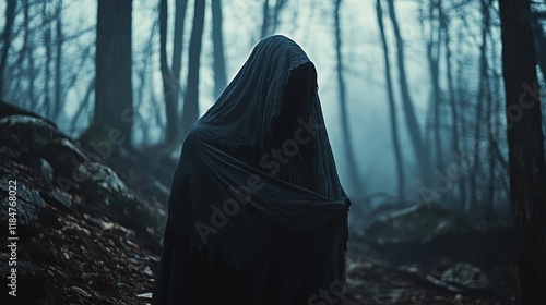 A mysterious figure draped in dark, tattered cloth stands in a foggy forest, surrounded by tall, slender trees. The atmosphere is eerie and ethereal, with muted colors and soft light filtering through photo