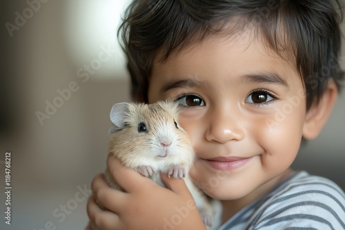 Boy is Smiling While Holding Brown Hamster Indoors. Bright Eyes Show Warm Connection Between Child and Pet. Soft Light Creates Cozy and Loving Atmosphere. AI generated photo